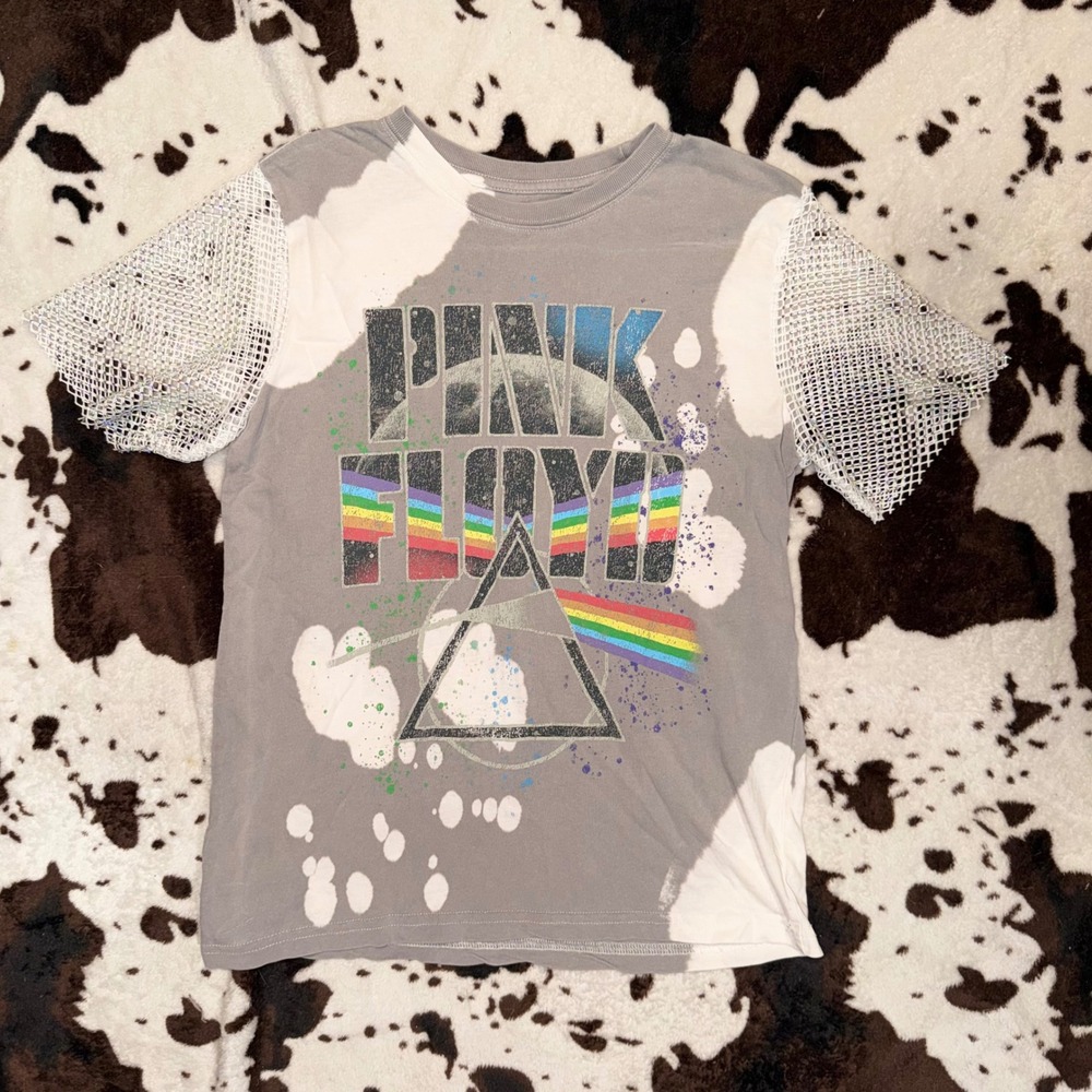 Pink Floyd T-Shirt Women Large Gray Bleached Rhinestone Mesh Tee
